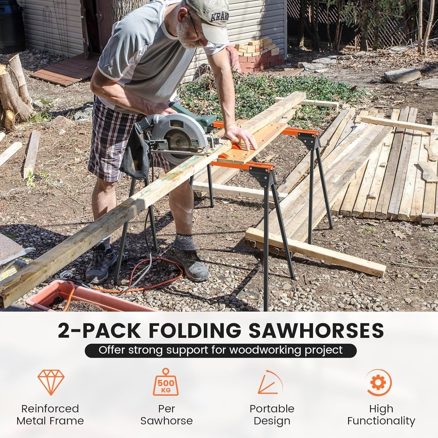 Folding Sawhorse Twin Pack Heavy Duty 500kg Each 2x4 Support Arms Orange