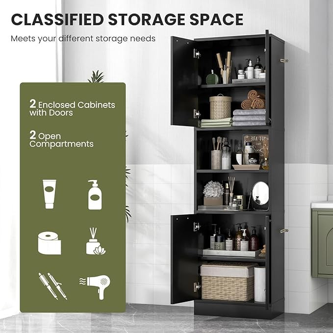 Tall Kitchen Cupboard Pantry Storage Cabinet 4 Door Shelves Freestanding Black M
