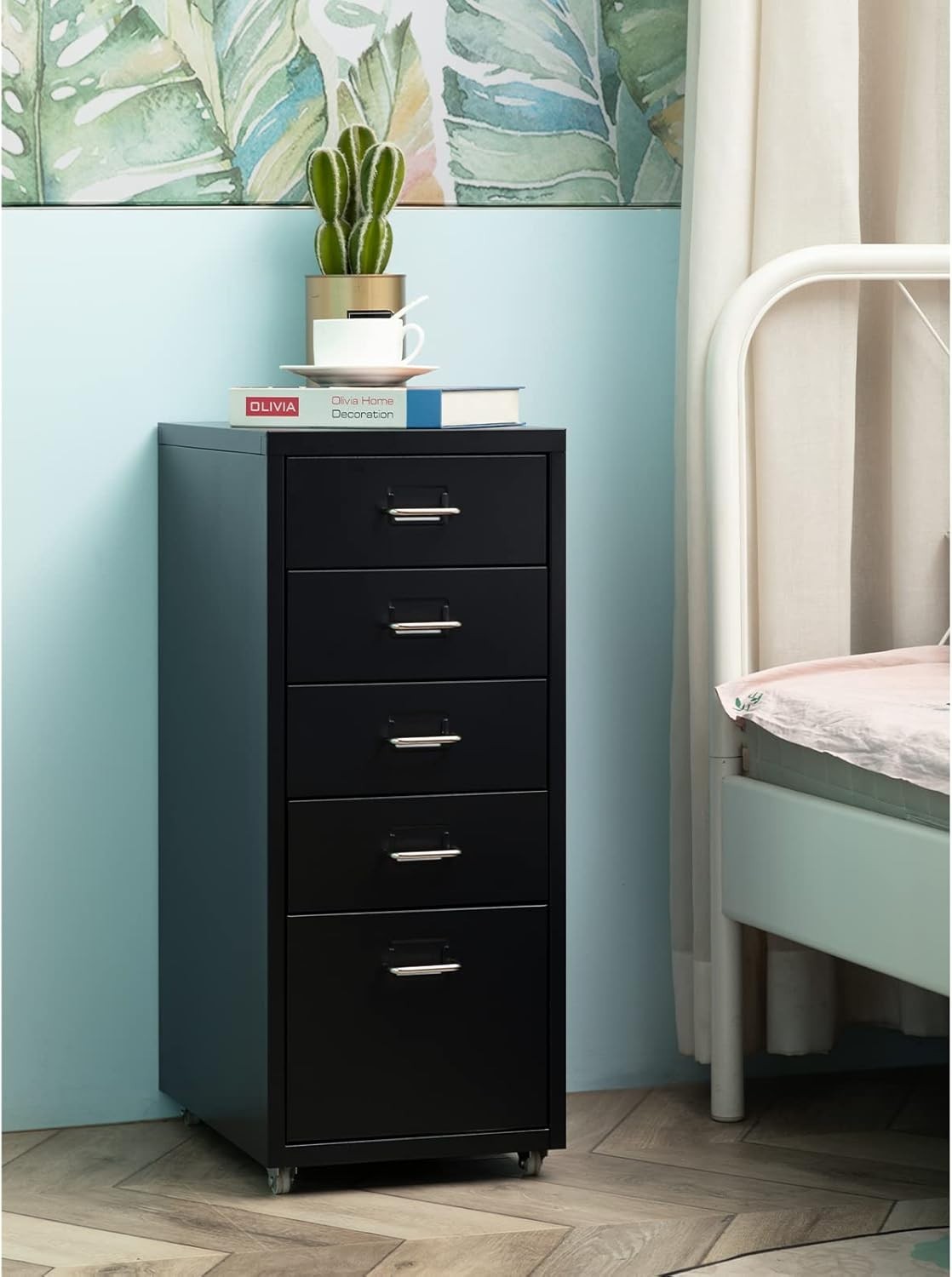 Black Metal Rolling Drawer Cabinet 5 Tier Mobile Office Storage