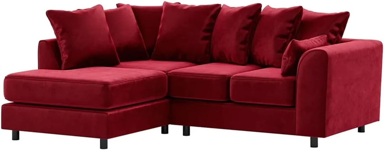 Red Plush Velvet Left Hand L-Shaped Corner Sofa Full Foam Cushions