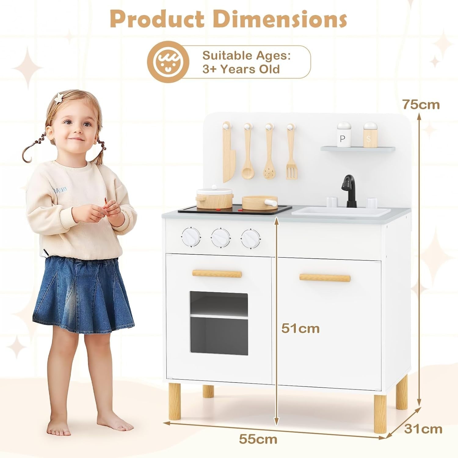 Wooden Kids Play Kitchen White w/ Lights Sounds Oven Accessories