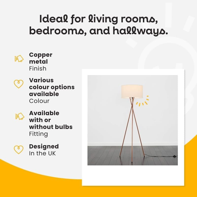 Modern Tripod Floor Lamp Copper Metal Stand White Shade LED Tall Living Room