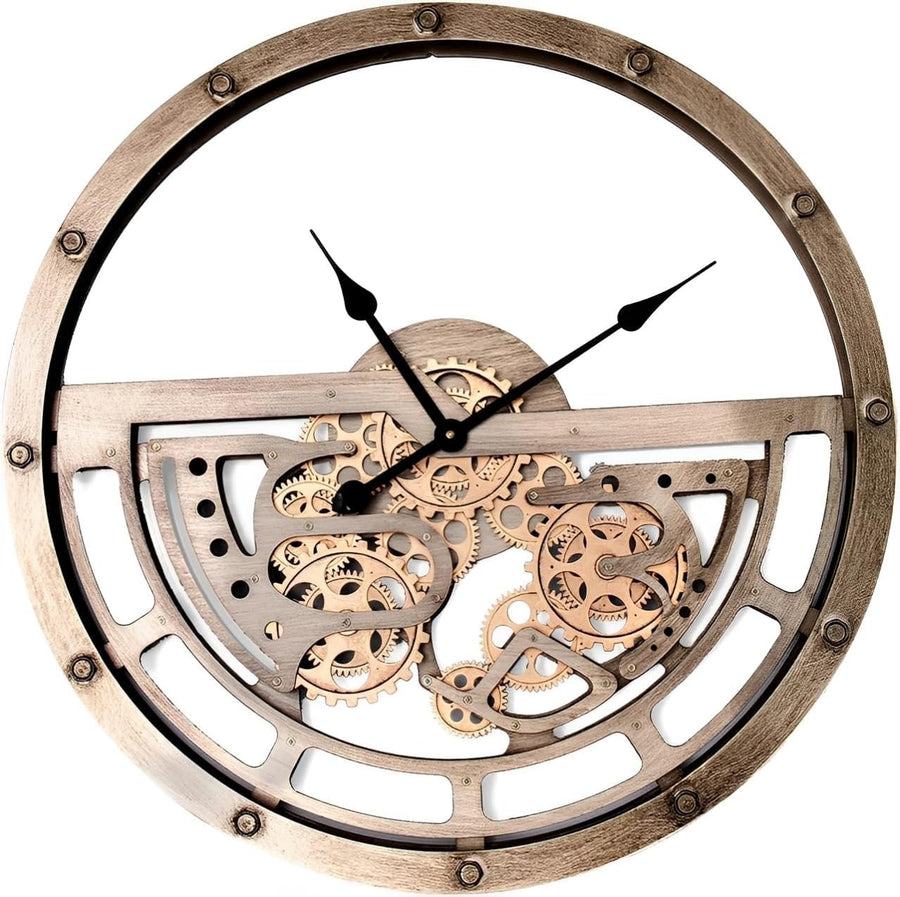 Vintage Industrial Steampunk Wall Clock with Moving Gears, Large 26” Decor