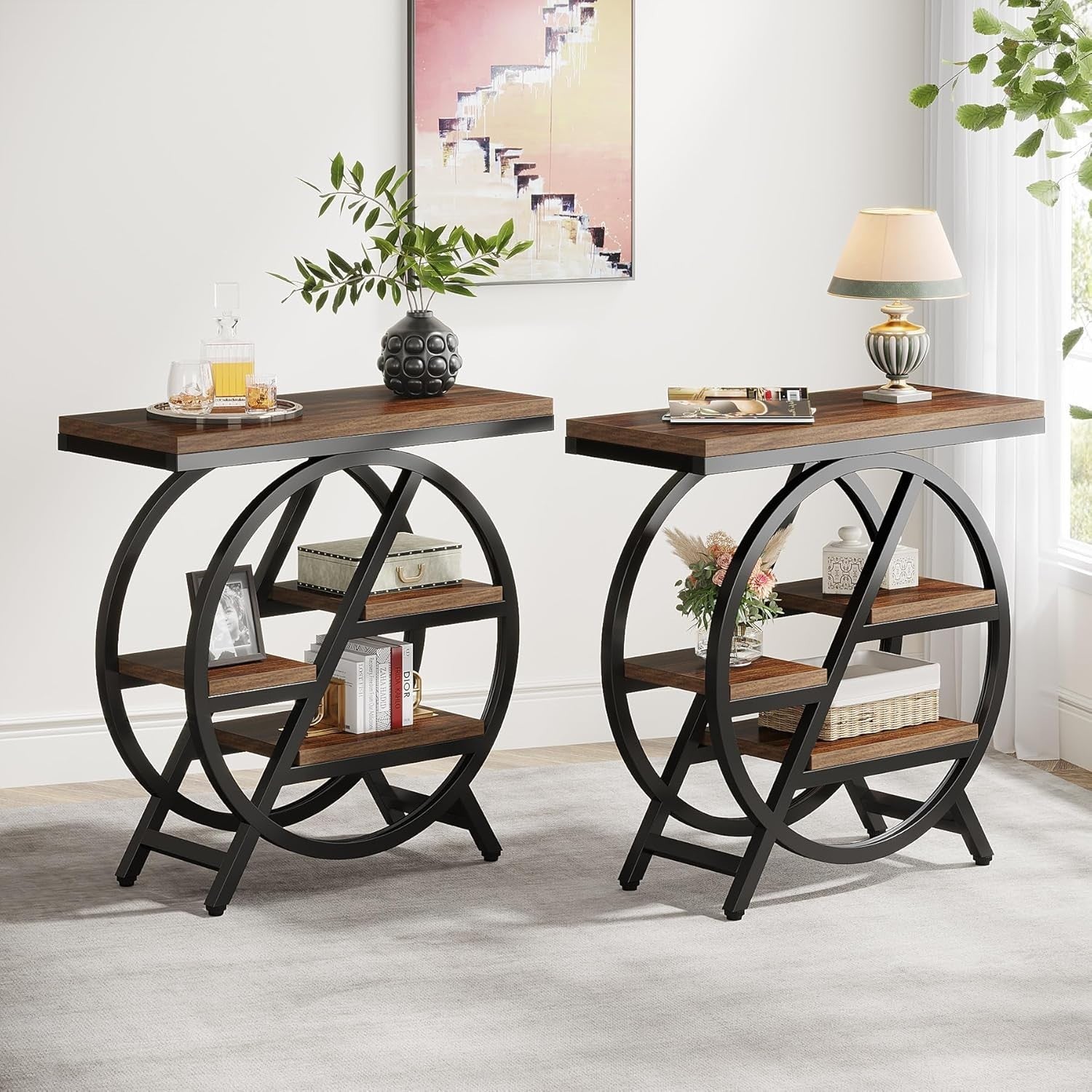 3-Tier Rustic Brown Side Table with Storage, Industrial Sofa & Nightstand