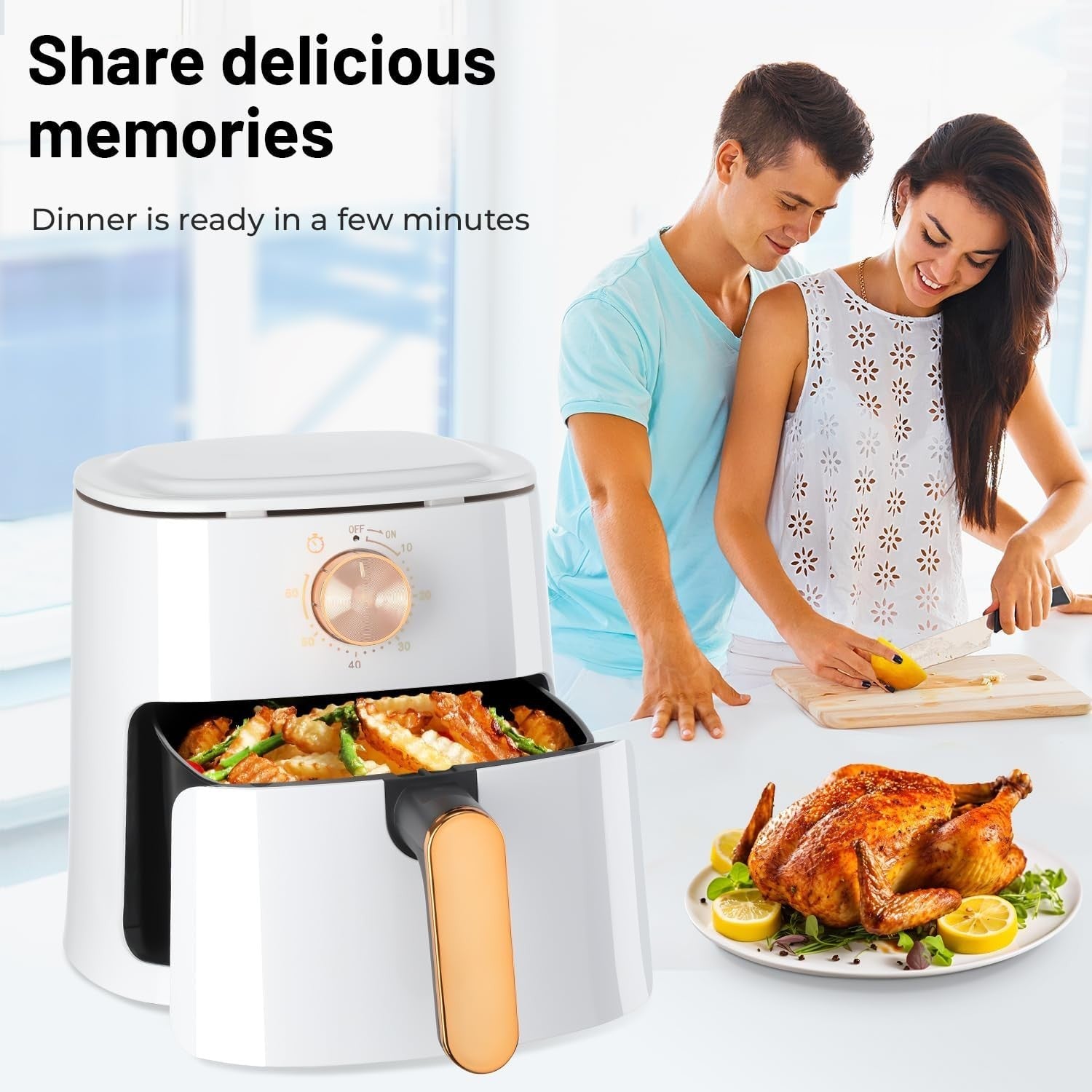 4L Air Fryer 1800W Rapid Air 60min Timer 200°C 9in1 Knob White