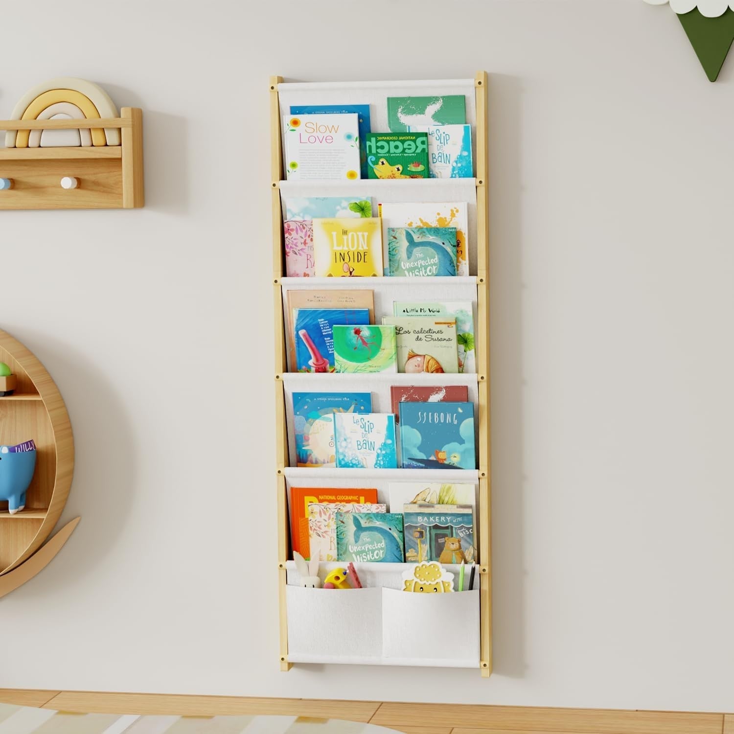 6-Tier Wall Mounted Kids Bookshelf Floating Wooden Book Shelf Organizer
