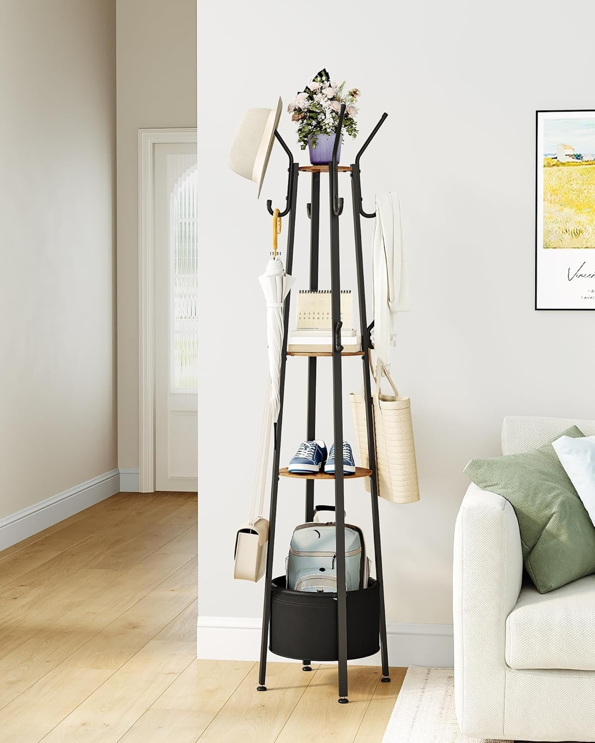 Rustic Brown Metal Coat Rack with 16 Hooks & Storage Shelves for Hallway