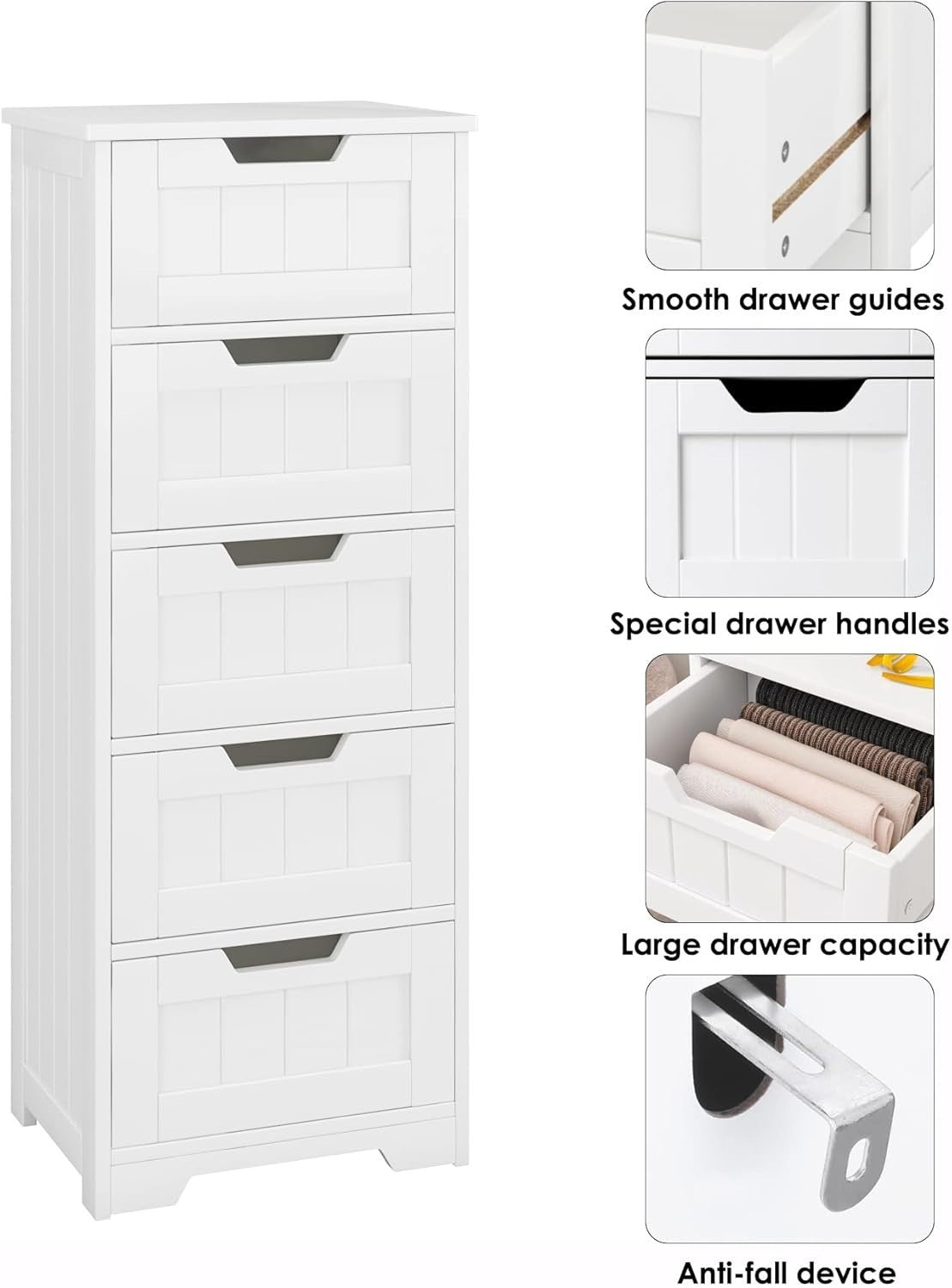 5-Drawer White Bathroom Storage Cabinet with Slim Design & Easy Access