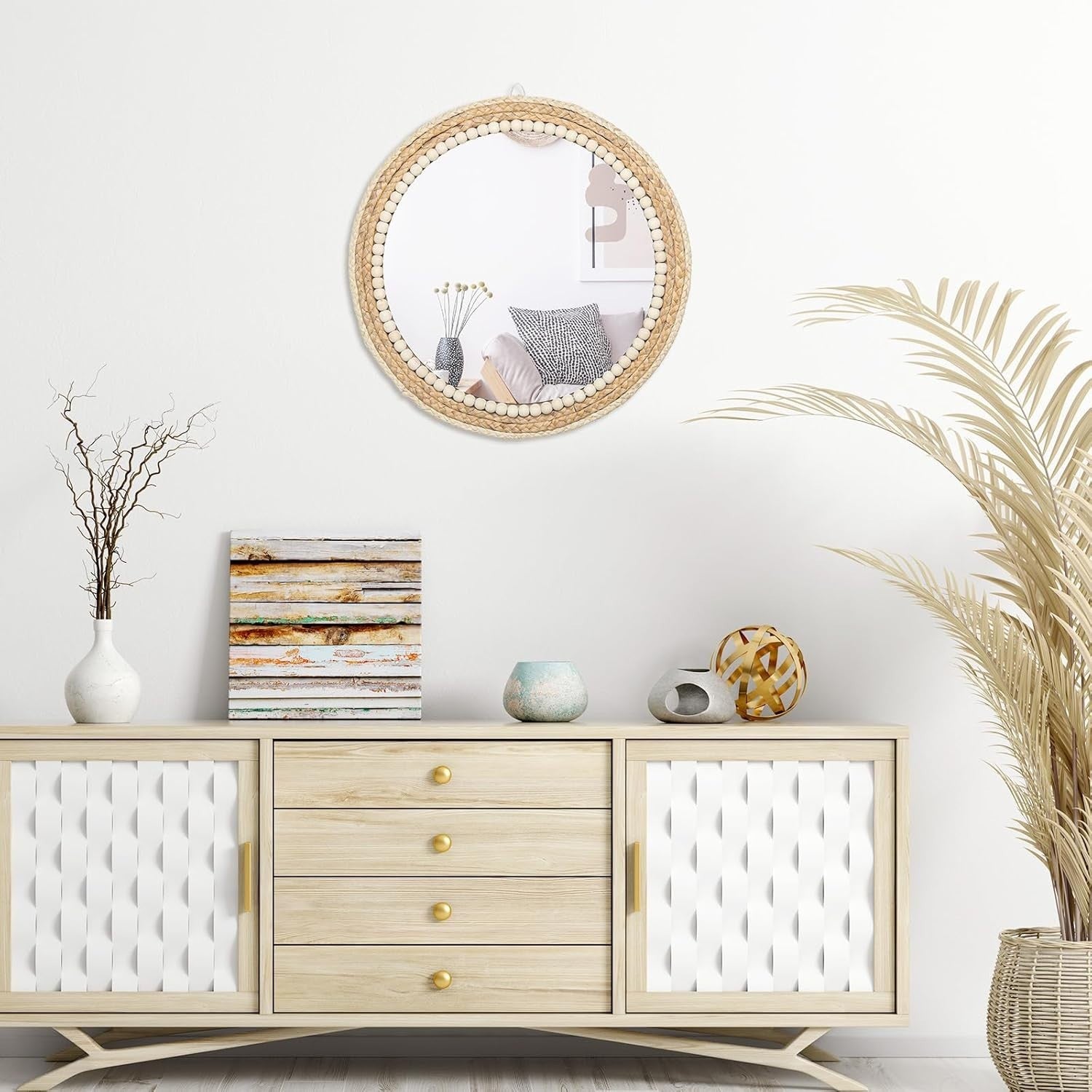 Boho Round Rattan Wall Mirror 45cm Hanging Farmhouse Decor