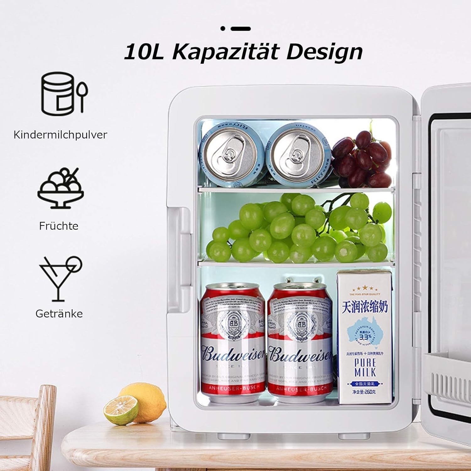 10L Mini Fridge Portable Gold Glass Door AC/DC Bedroom Camping Use