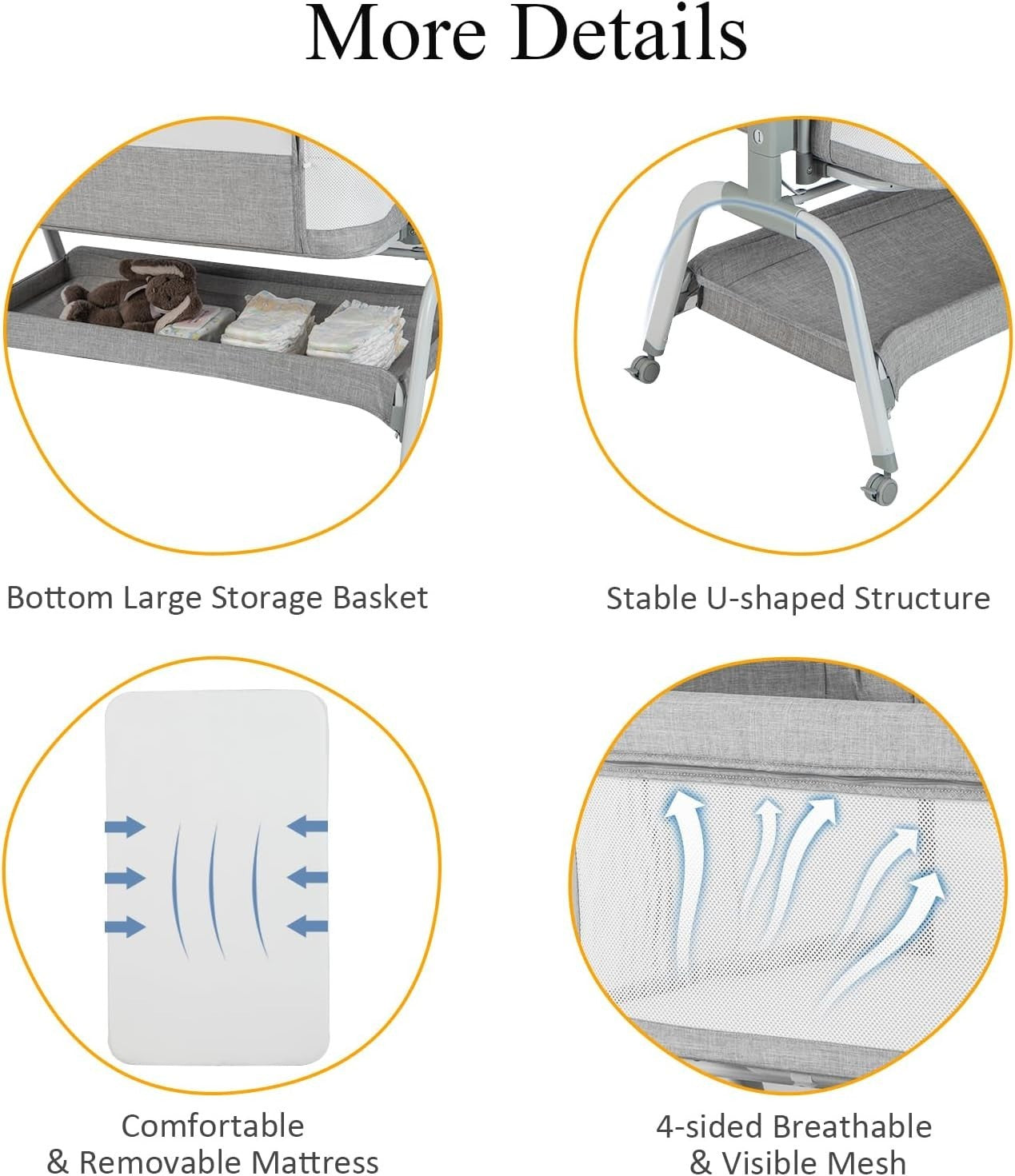 4-in-1 Baby Bedside Crib with Adjustable Height, Mosquito Net & Storage Grey