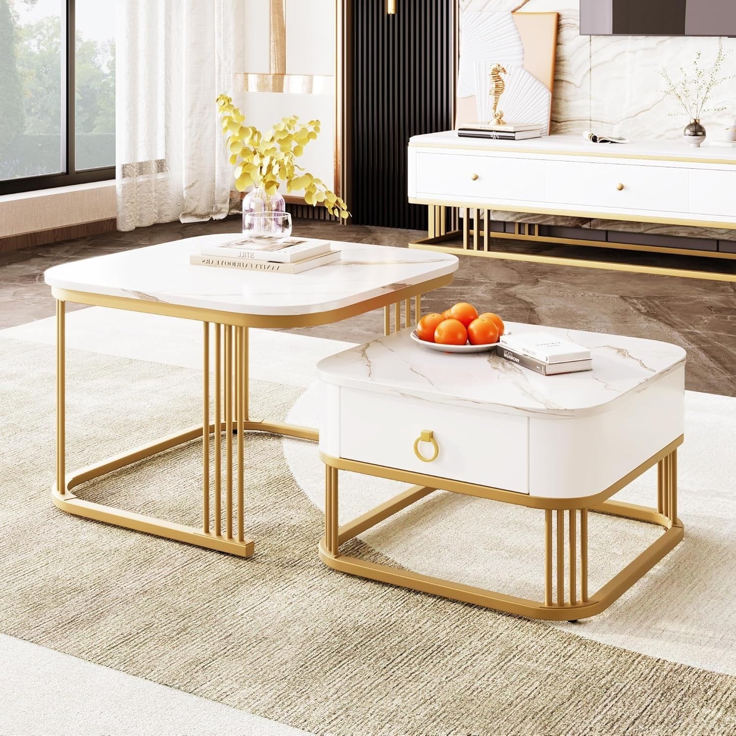 Square White Marble Nesting Coffee Table Set with Drawer – Gold Legs, Modern