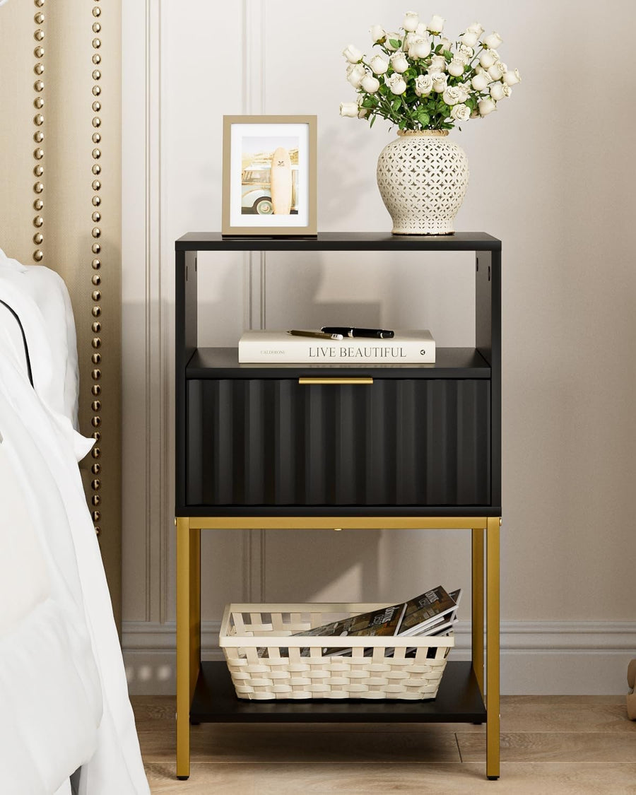 Modern Black Bedside Table with Gold Frame – 3-Tier Storage Nightstand