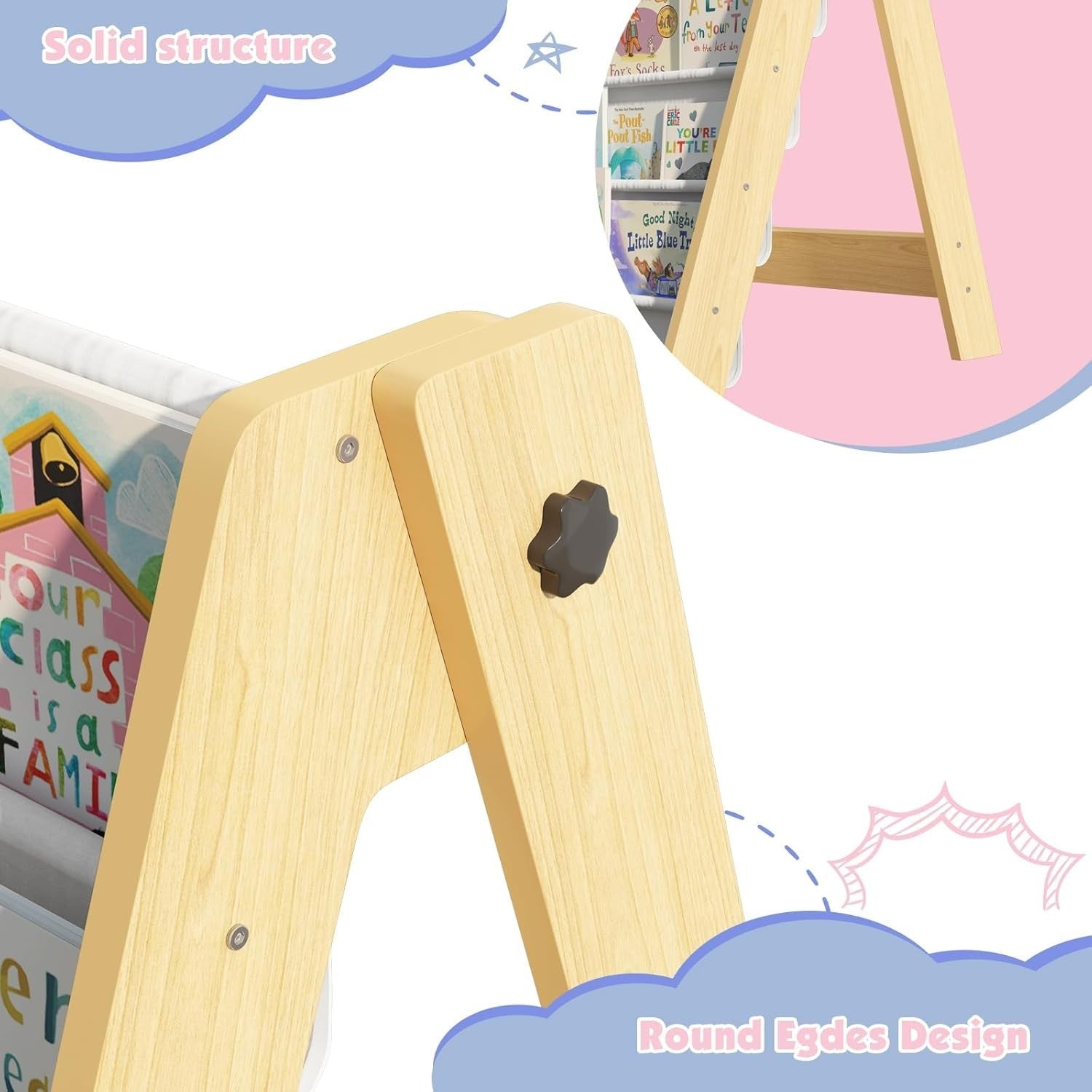 Kids 4 Tier Foldable Bookshelf with Deep Fabric Pockets, Durable Book Storage