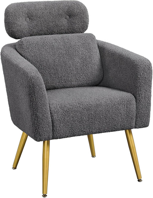 Dark Grey Boucle Tub Chair Adjustable Headrest Gold Legs
