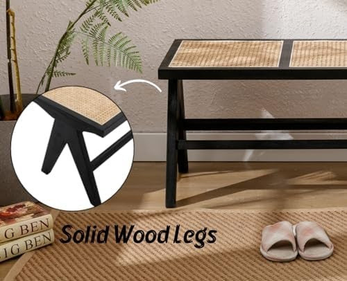 Rustic Wooden Rattan Bench Dining Entryway Seating Ottoman for Home Decor