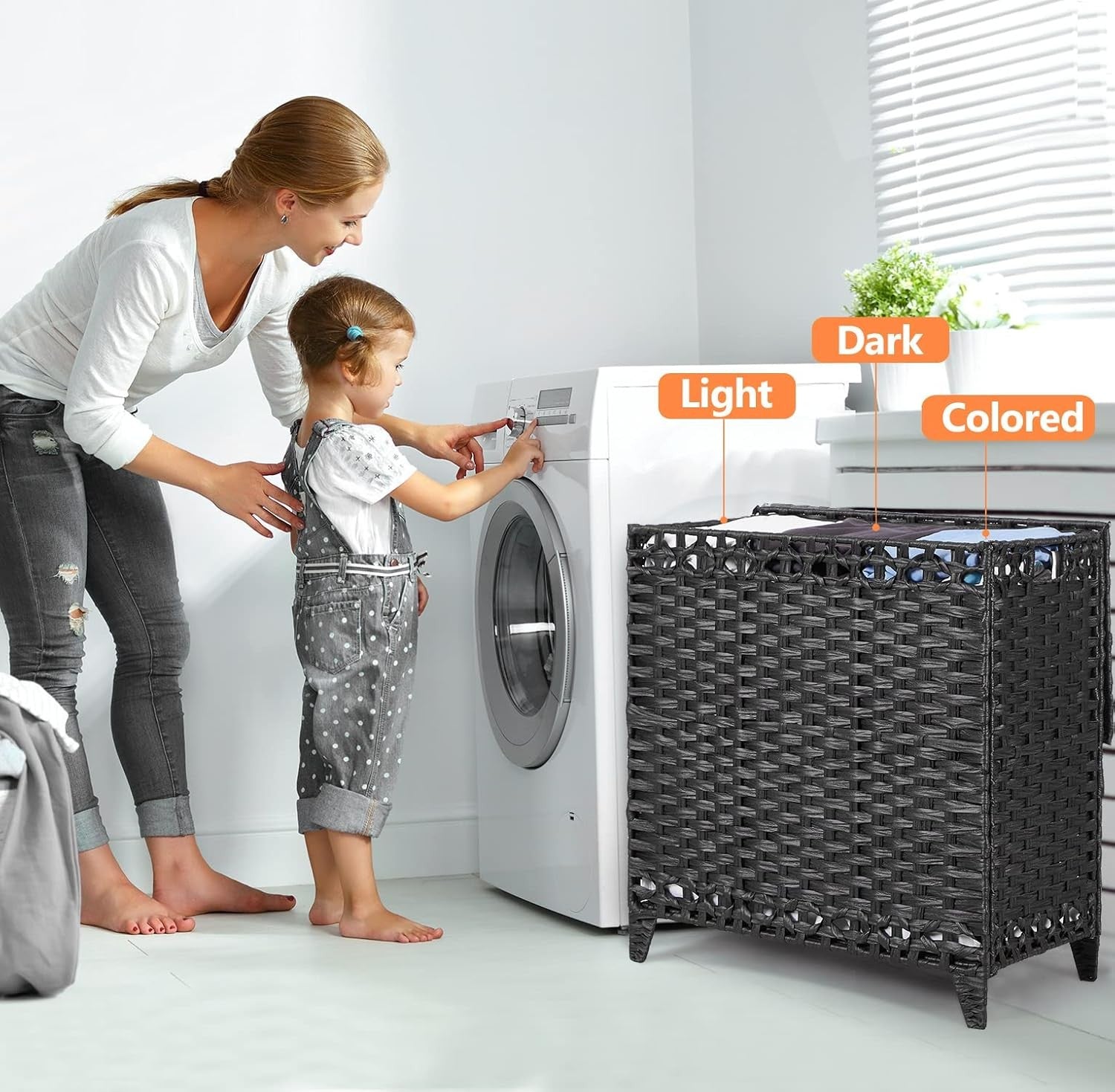 132L Black Rattan Laundry Hamper with Lid 3-Section Removable Liner Bags