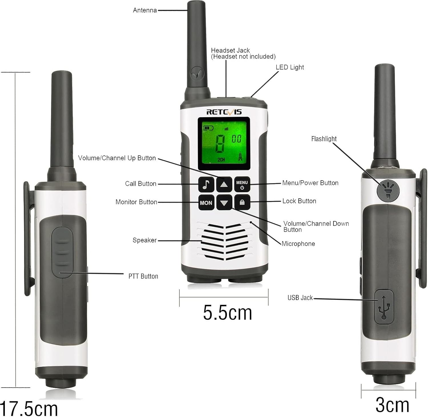 Rechargeable Walkie Talkies PMR446 VOX LED Flashlight 2 Pack Silver