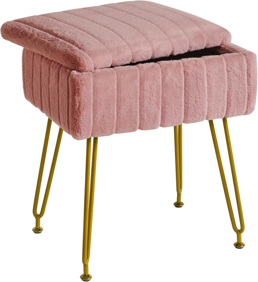 Pink Velvet Storage Footstool with Metal Legs – Rectangular Vanity Stool