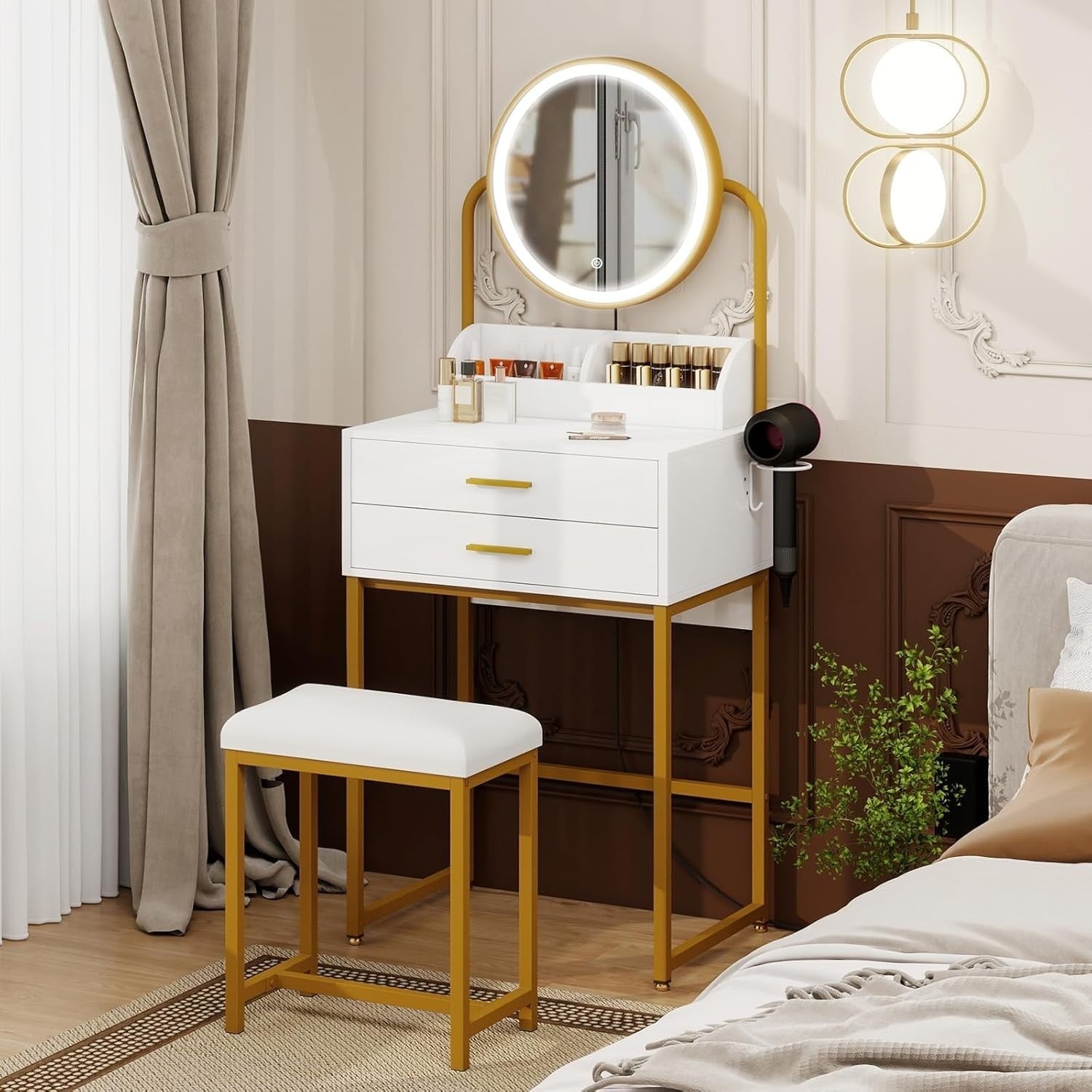 White Gold Vanity Table Set Desk Dresser LED Mirror 2 Drawer Storage Stool
