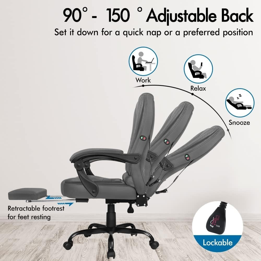 Grey Massage Office Chair Recliner Footrest Ergonomic PU Leather Heavy Duty