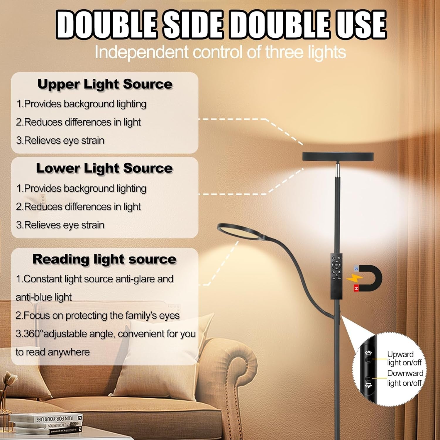 LED Floor Lamp 36W 3000LM Dimmable Torchier with Reading Light Remote