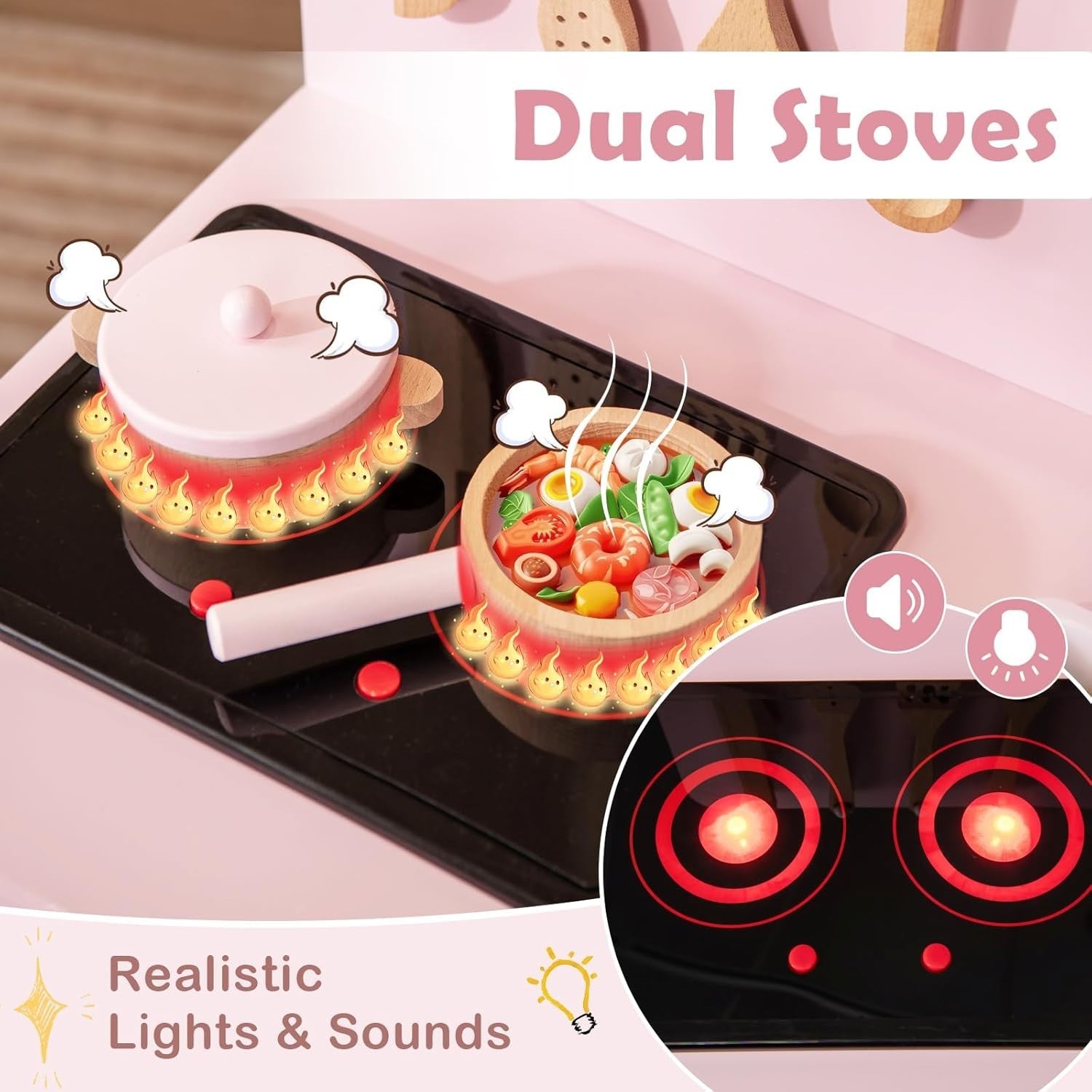 Wooden Kids Play Kitchen Pink w/ Lights Sounds Oven Accessories