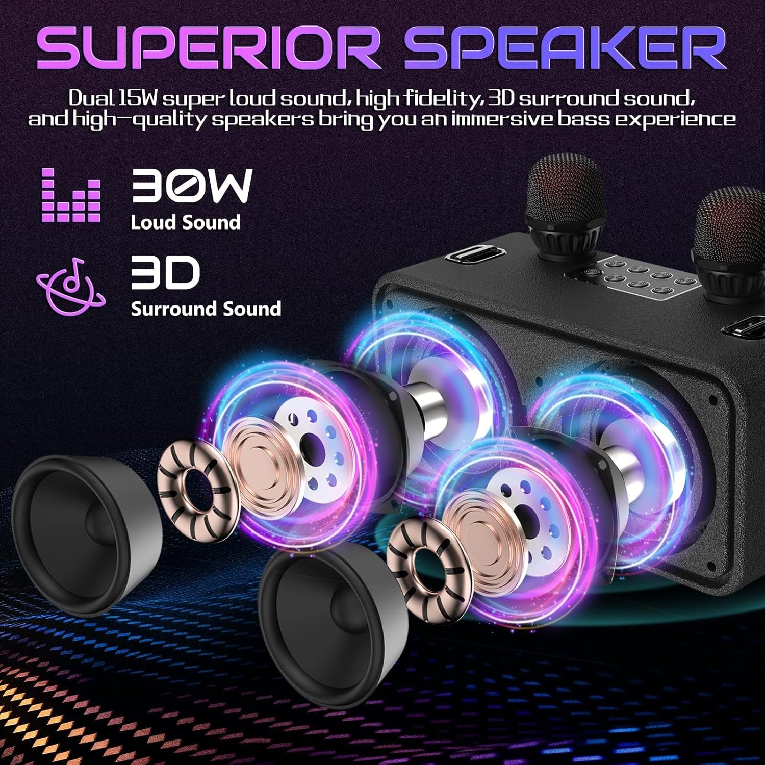 Portable Karaoke Machine 2 Mics Bluetooth Speaker with LED Lights Black
