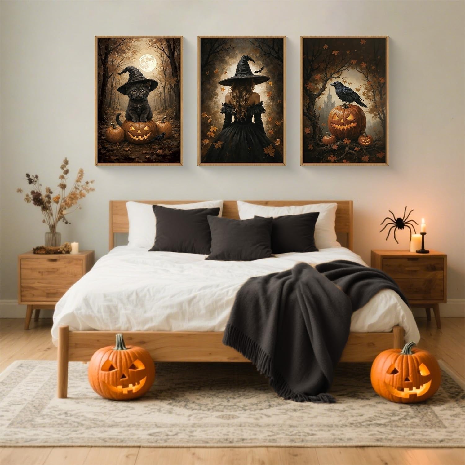 Halloween Framed Canvas Wall Art Set 3 Spooky Witch Cat Pumpkin Decor