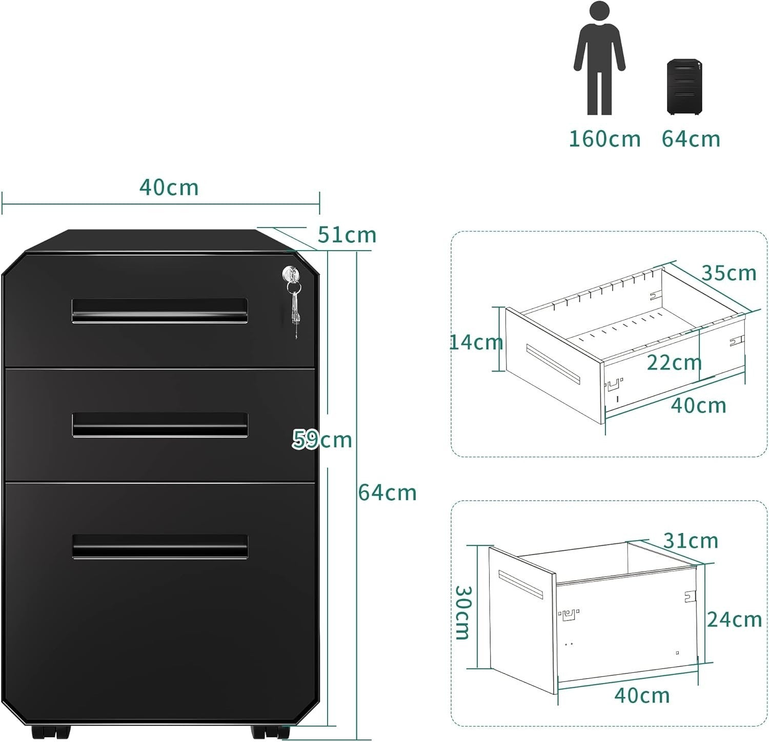 Black Mobile Filing Cabinet 3 Drawer Lockable 64cm Rolling Office