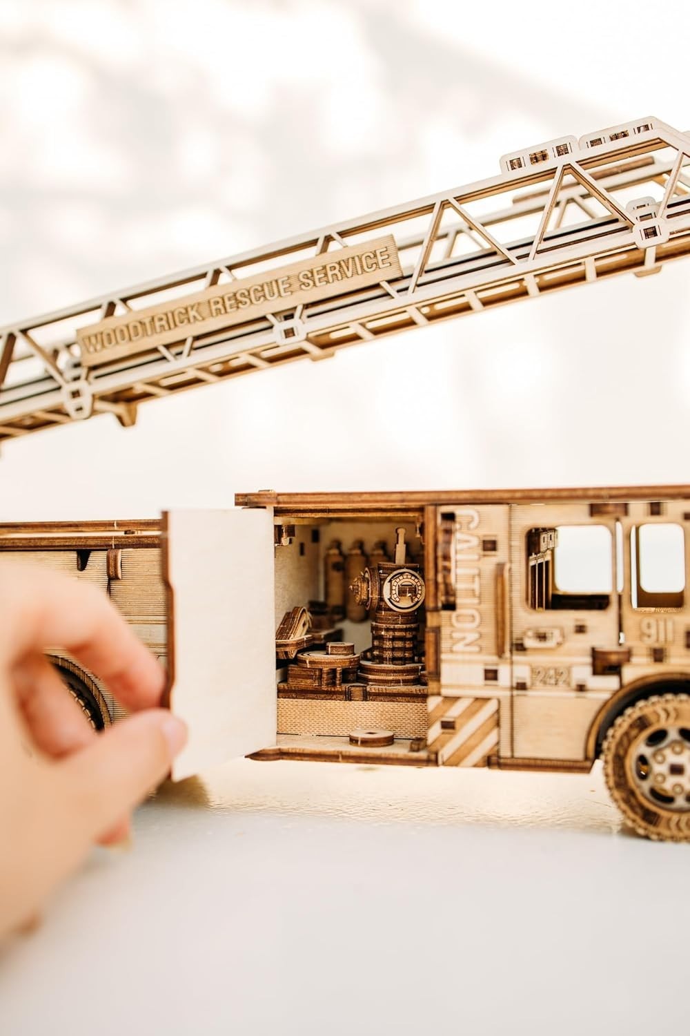 3D Wooden Firetruck Puzzle Model Kit with Extendable Ladder, Mechanical