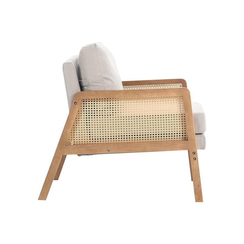 Beige Rattan Armchair with Cushions – Wooden Lounge Chair for Living Room