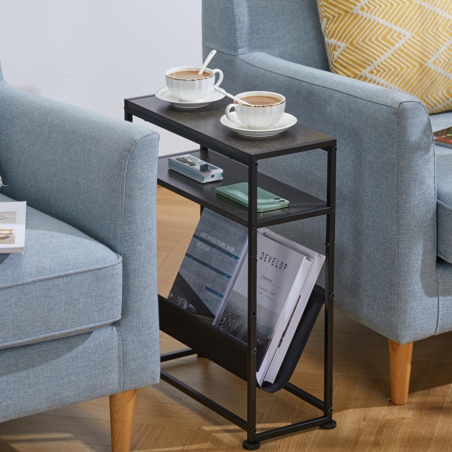 Narrow Side Table with Storage – Slim Grey End Table for Small Spaces & Sofa