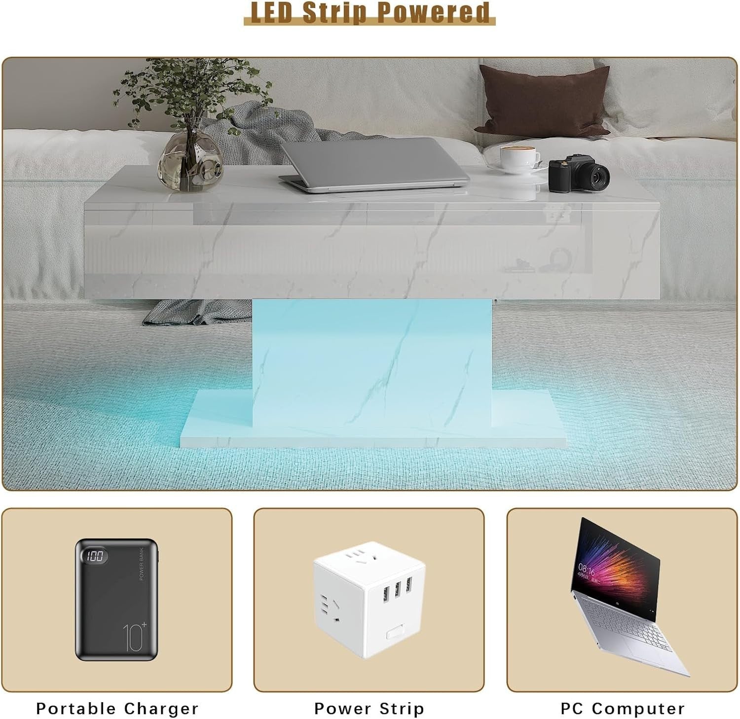 White Marble LED Coffee Table with 2 Drawers, High Gloss 110x55cm