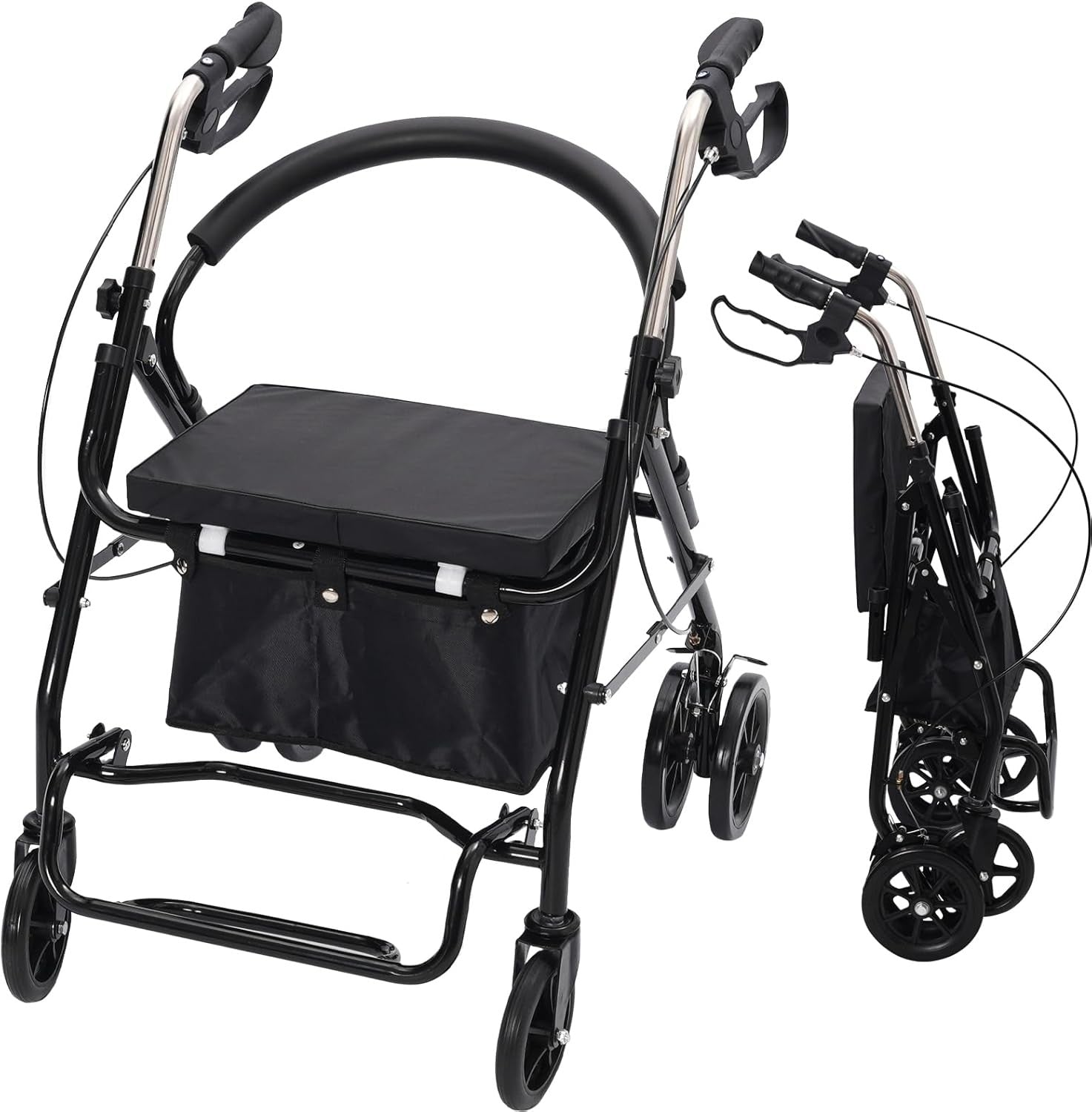 Lightweight Folding Rollator Walker with Seat 6 Wheels Lockable Brakes