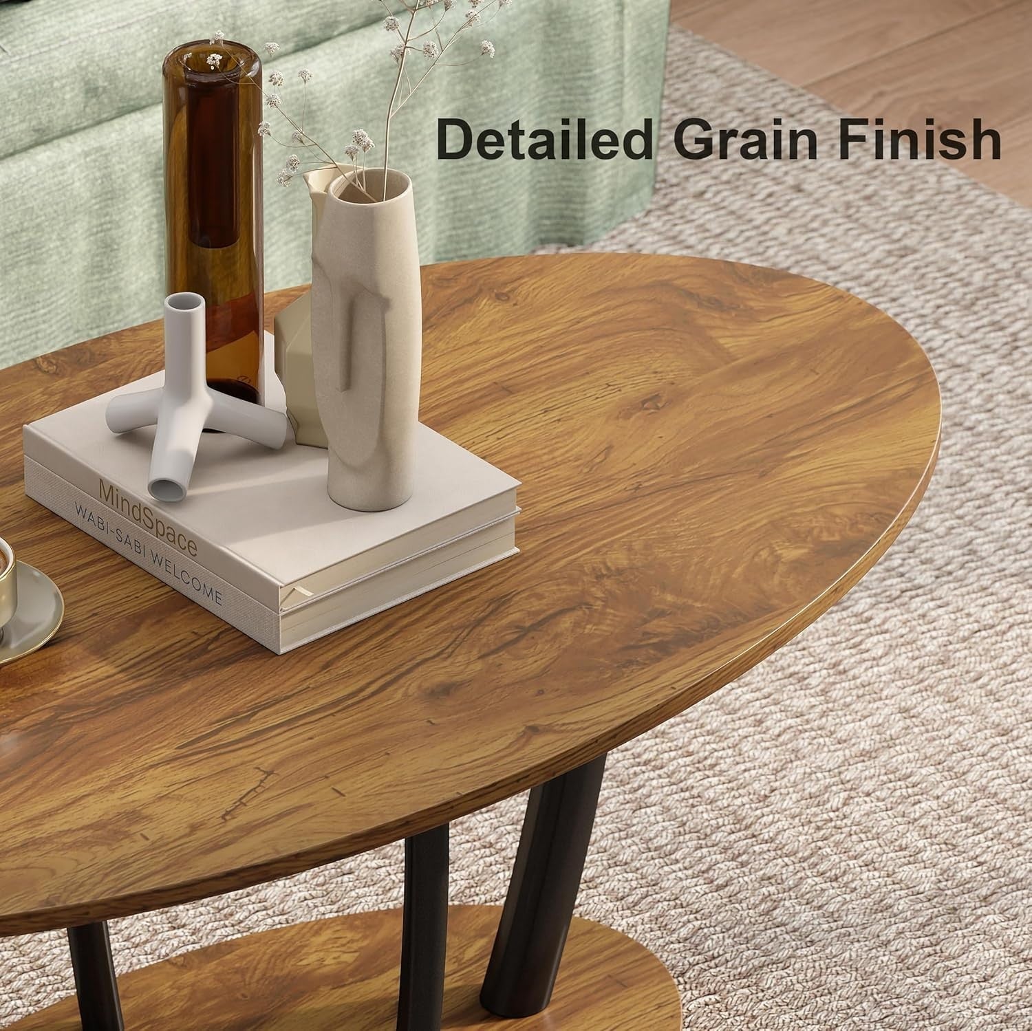 Oval 2-Tier Coffee Table Rustic Brown with Storage Shelf, Modern 100x55cm