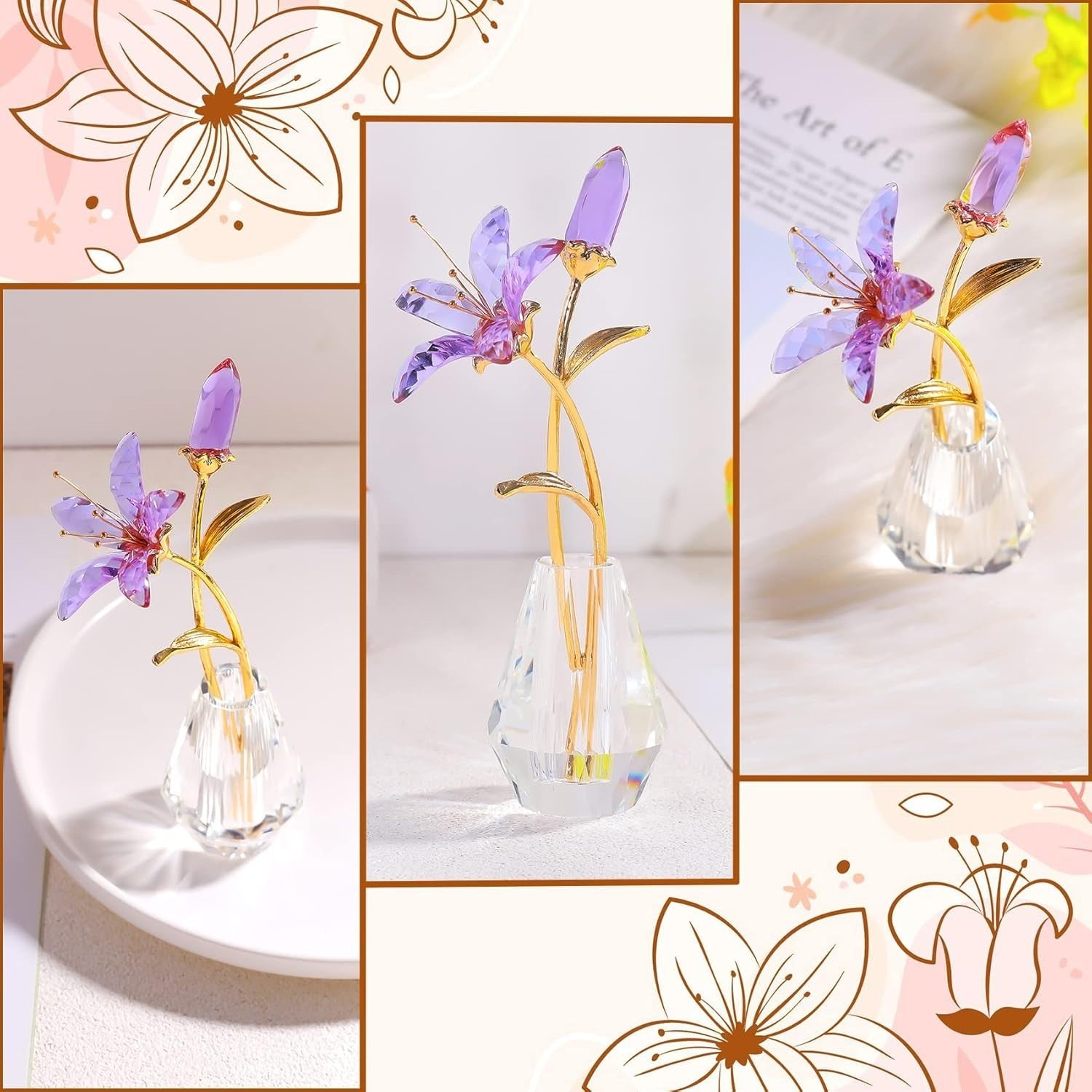 Purple Crystal Lily Flower Ornament • Luxury Glass Vase Figurine