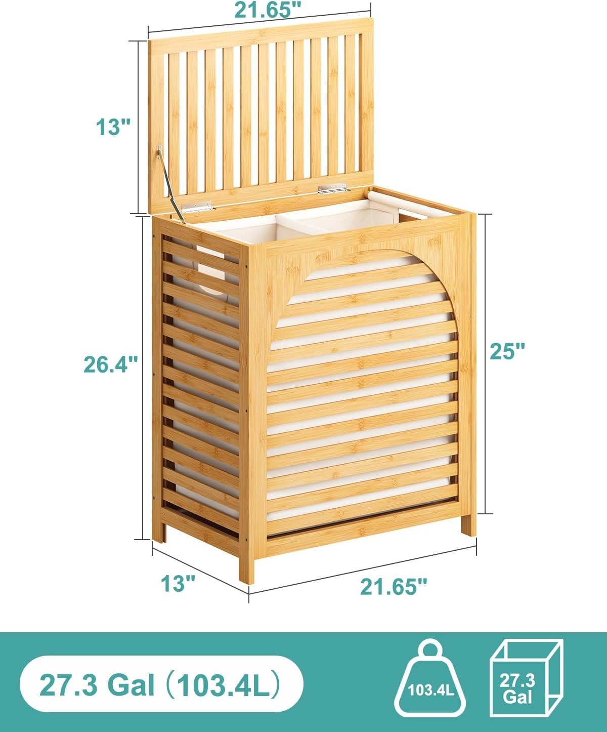 Natural Bamboo Laundry Hamper XL 103L with Lid & Removable Liner | Ventilated Ba