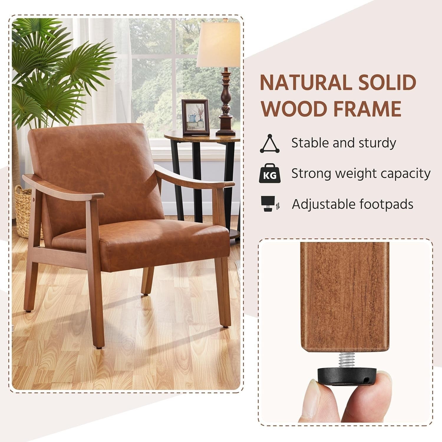 Faux Leather Armchair Retro Wood Frame Lounge Chair Comfy Seat Office
