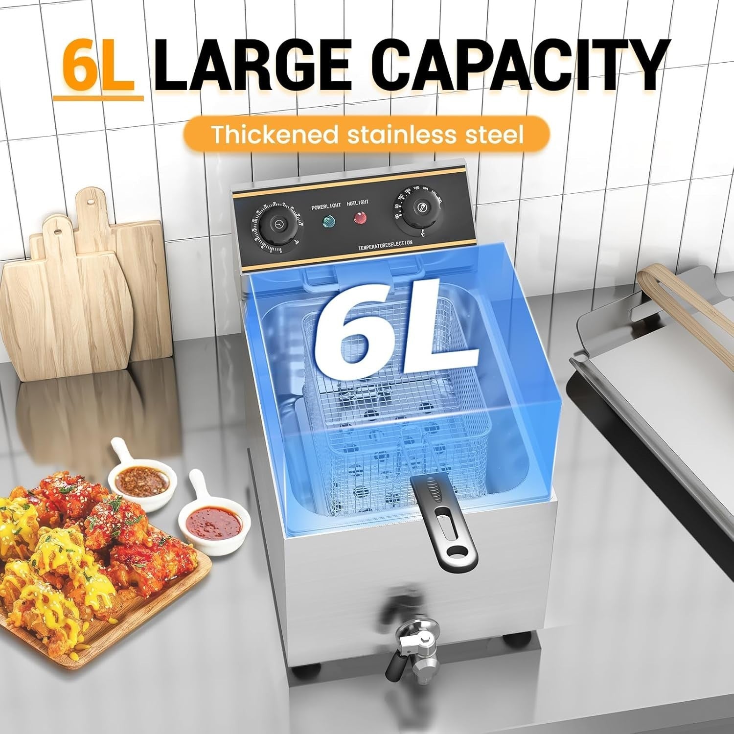 Commercial Electric Deep Fryer 6L 2500W Stainless Steel Drain Tap Countertop