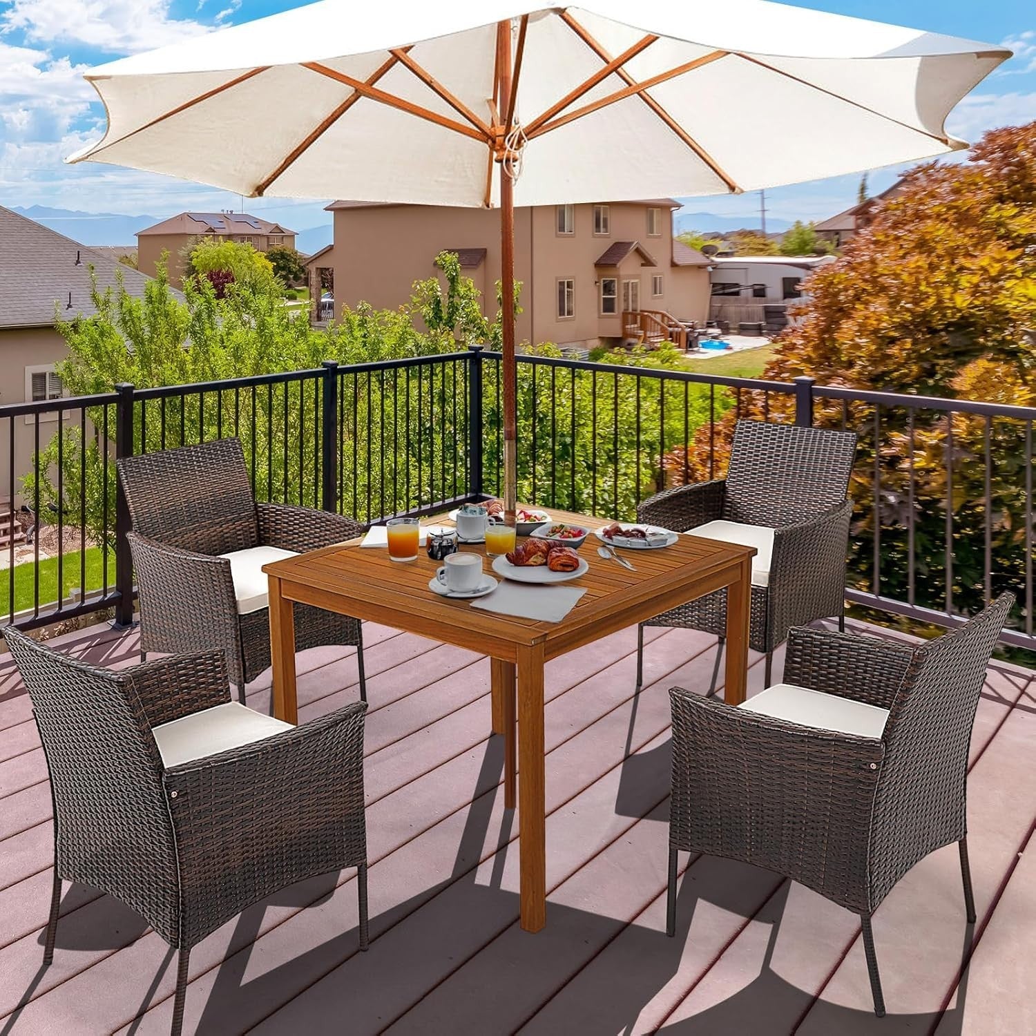 Set of 4 Outdoor Rattan Dining Chairs Cushioned Patio Armchairs Garden