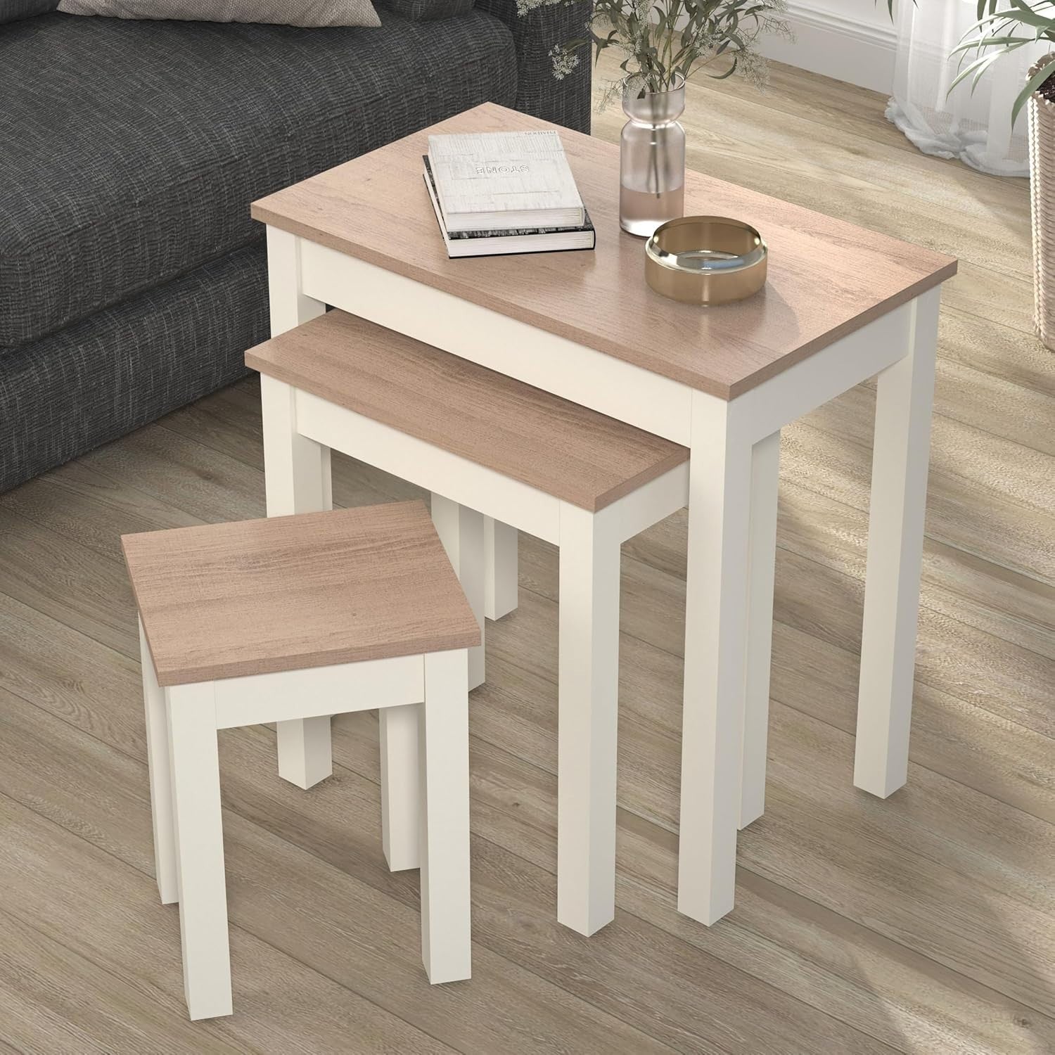 Space Saving Nesting End Tables Set of 2 Ivory Oak Engineered Wood Living Room