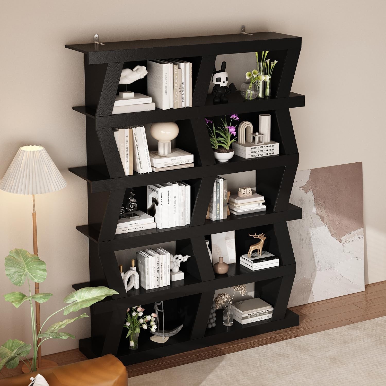 Modern Black Wave Bookcase with 10 Shelves Freestanding Display Unit