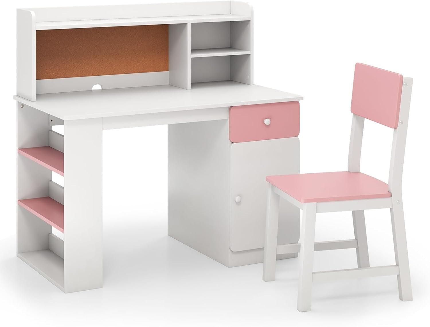 Kids Study Desk & Chair Set Pink White – Storage Shelves, Drawer, Cork Board
