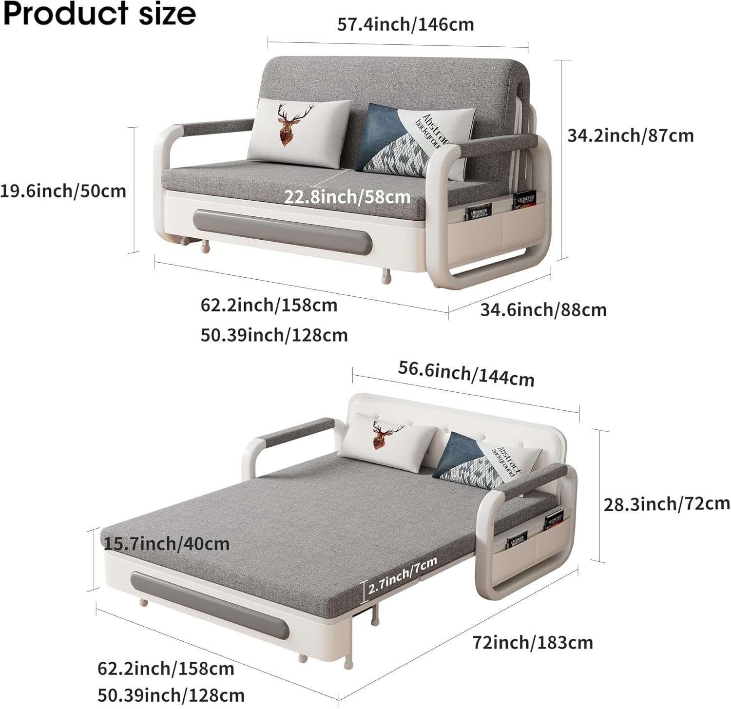 Convertible Sofa Bed Storage Futon Small Spaces Guest Room Grey Modern