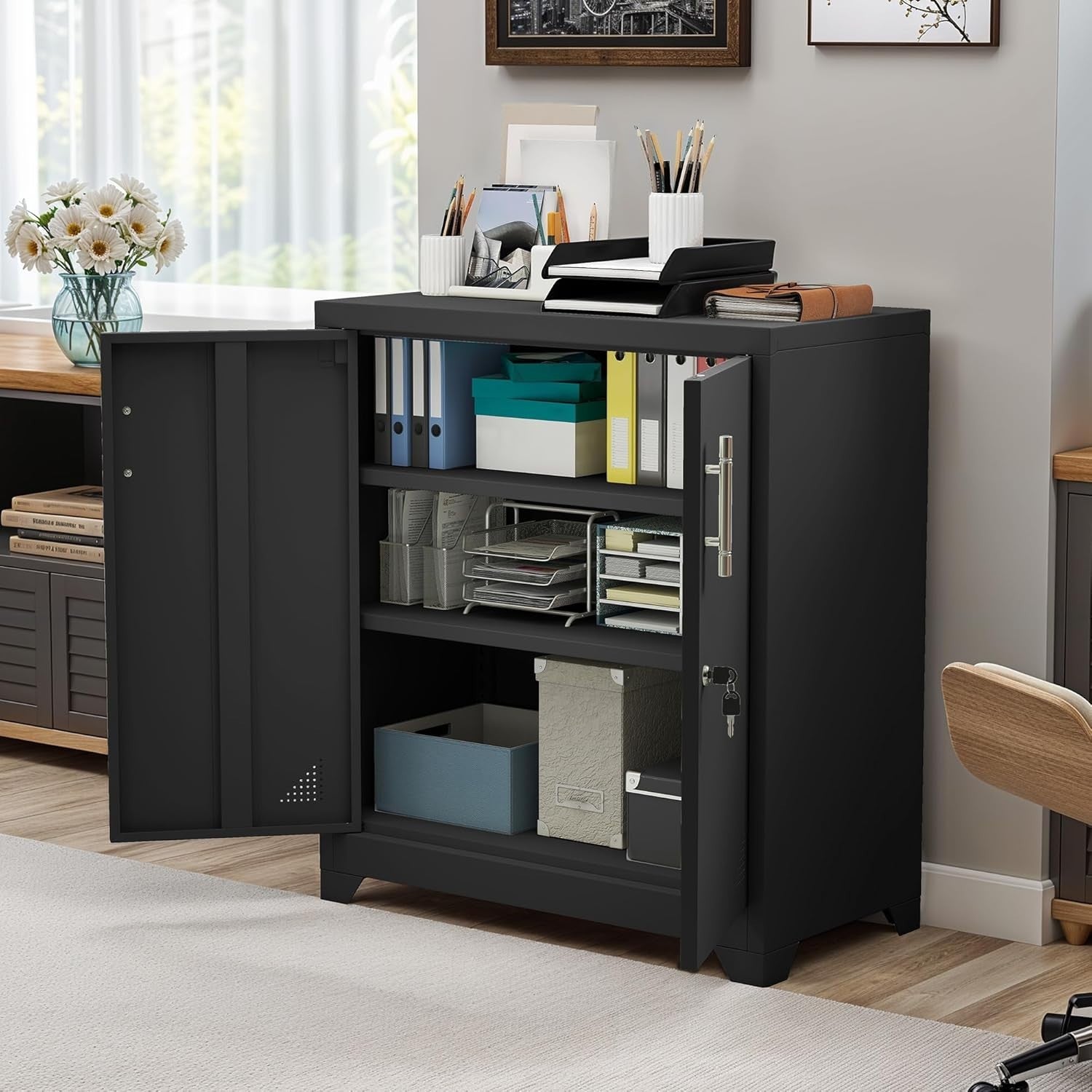Metal Office Storage Cabinet with Lockable Doors & Adjustable Shelves, 80x40x90c