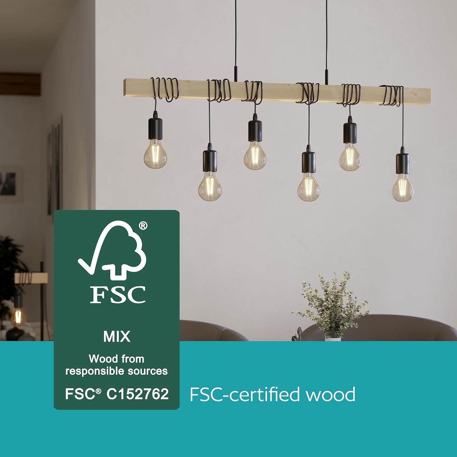 6 Light Industrial Pendant Ceiling Lamp Wood & Metal Vintage E27