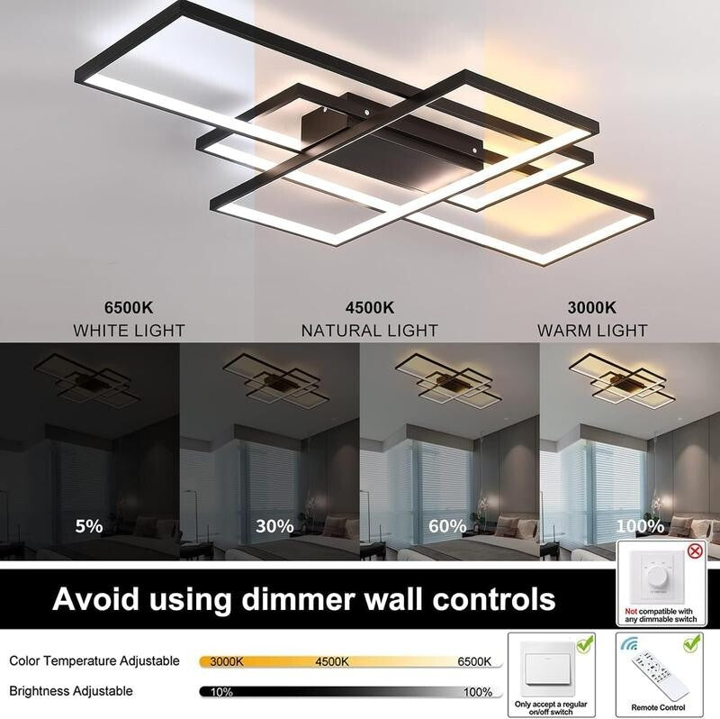 3 Square LED Ceiling Light Dimmable Remote Modern 50W Flush Mount Lamp