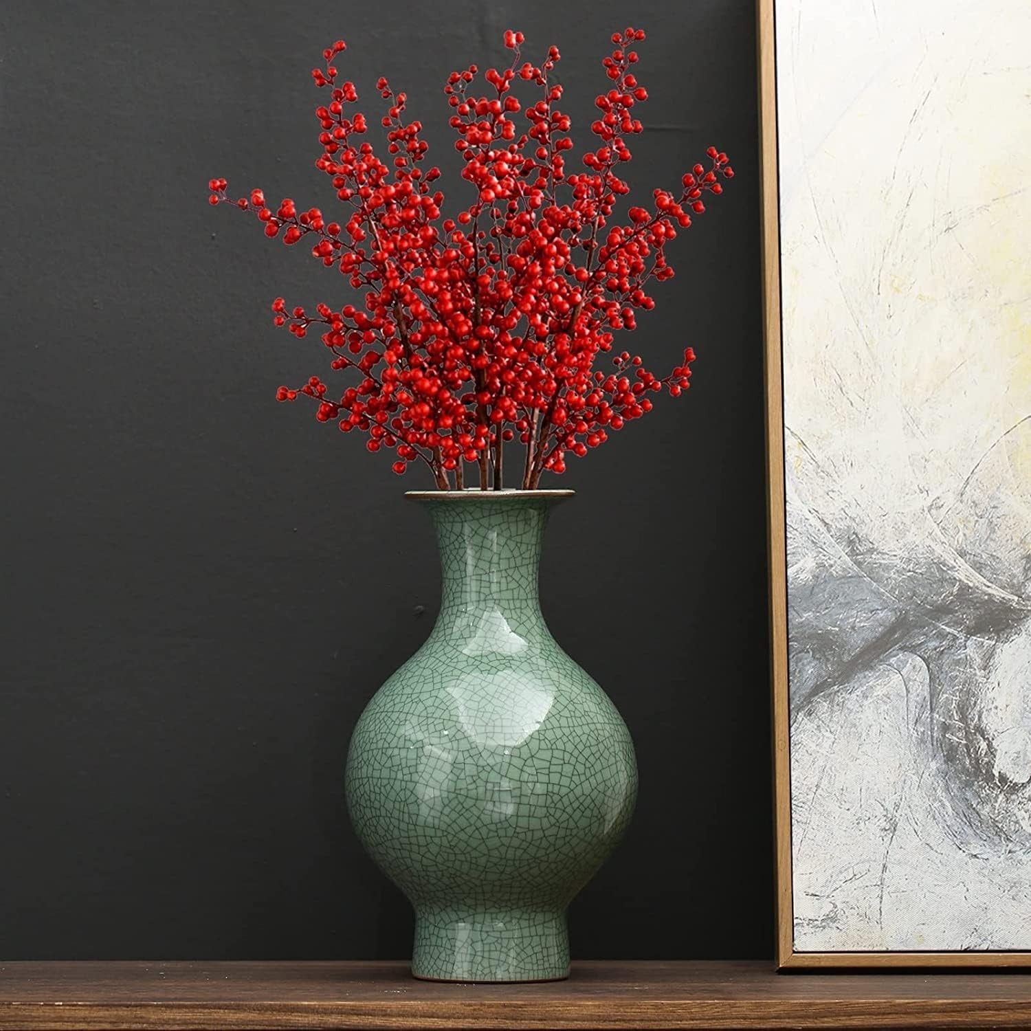 Chinese Ceramic Crackle Glaze Vase Green Antique Style Home Decor 28.5cm