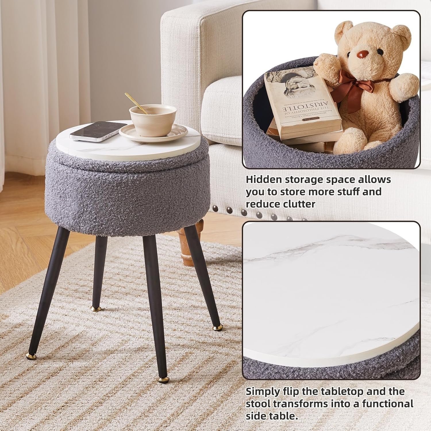 Grey Teddy Fur Vanity Stool with Storage – Round Ottoman Chair with Metal Legs